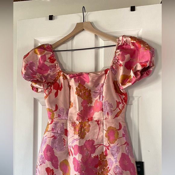 NWT Lulus So Stunning Orange Multi Floral Jacquard Puff Sleeve Mini Dress - Picture 4 of 7